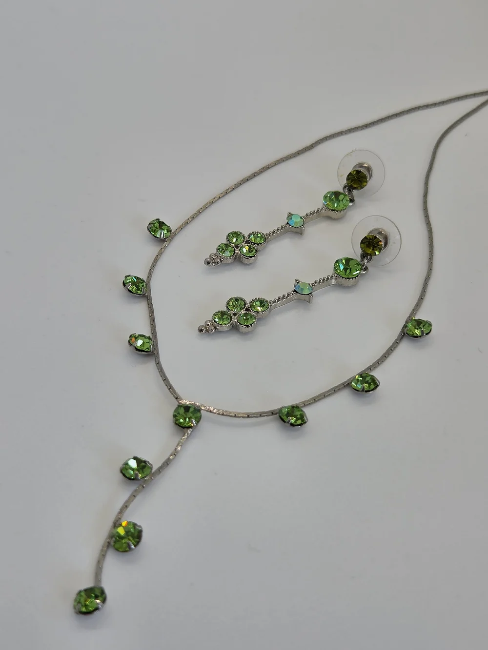 Green Crystal Drop Necklace and Earrings Set